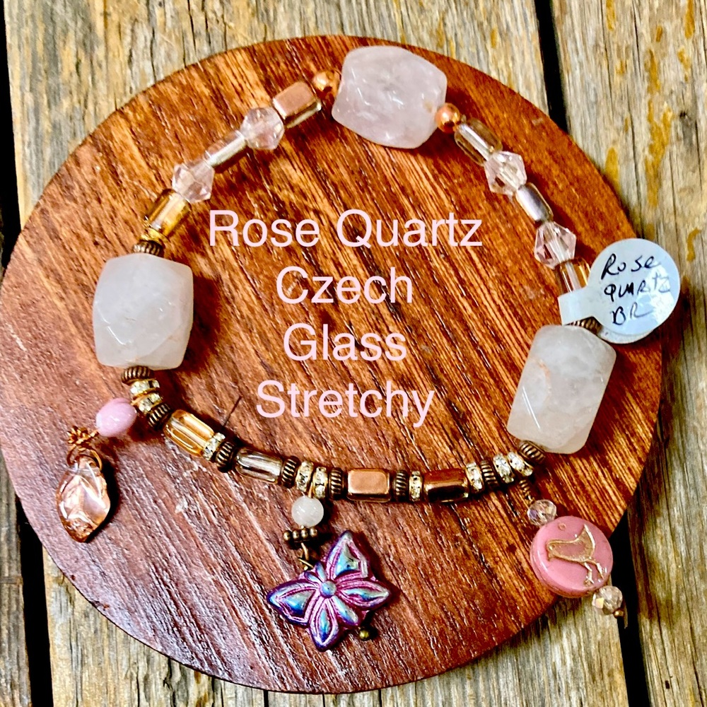 New Handcrafted, rose quartz and czec glass stretchy bracelet